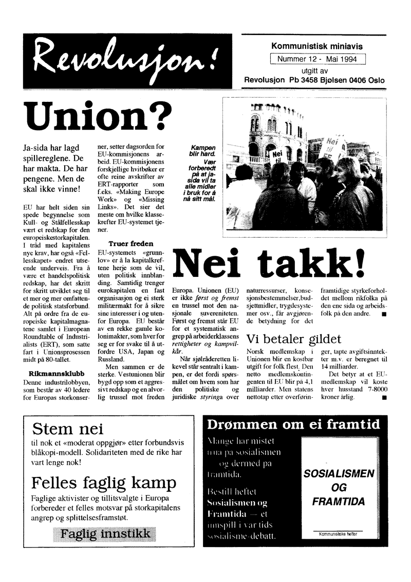 Forsida på Revolusjon nr. 12, mai 1994.