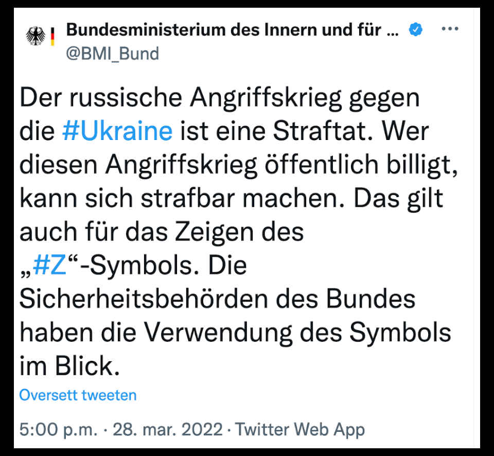 Advarsel på twitter fra det tyske innenriksdepartementet 28. mars 2022.
