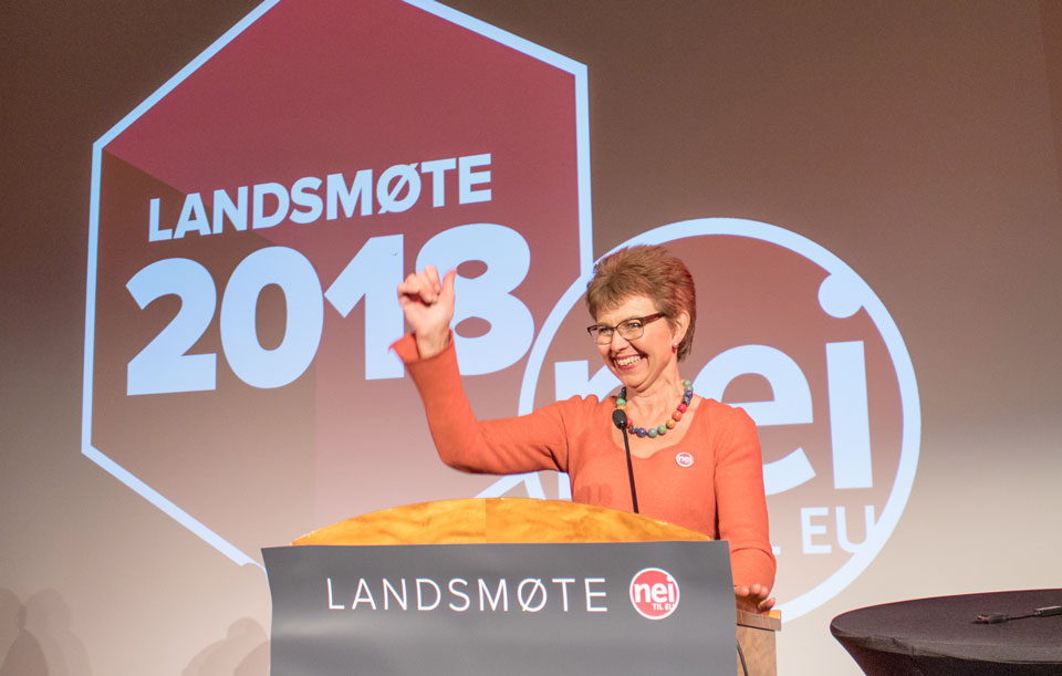 Kathrine Kleveland ble gjenvalgt som leder på Nei til EU sitt landsmøte i Sarpsborg. Foto: Nei til EU.