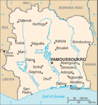 Kart over Elfenbenskysten (fra Wikipedia/CIA Factbook).