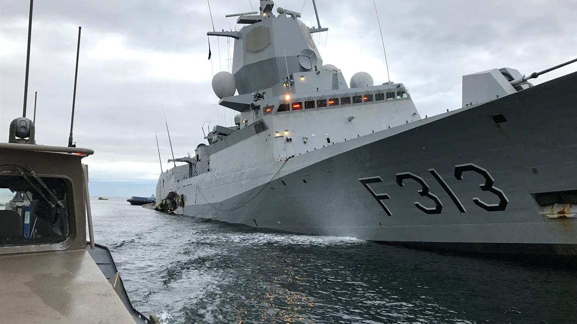 KNM Helge Ingstad etter havariet. Fregatten er an av fem i Fridtjof Nansen-klassen. Foto: Forsvaret