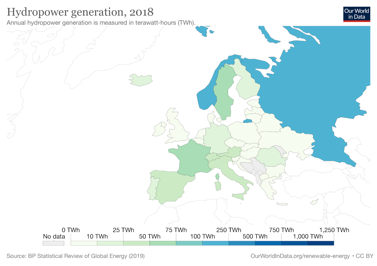 Vannkraft i Europa. Norge og Island er blant de ledende produsentene. CC BY-SA Grafikk fra Our World in Data.
