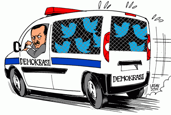 Arrestasjoner og mediesensur er hverdagskost i det tyrkiske demokratiet til Erdogan. Illustrasjon: Carlos Latuff.